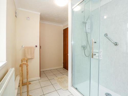 uma casa de banho com um chuveiro e uma porta de vidro em Sheppard's Hut em Terrington Saint Clement
