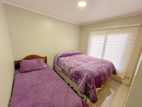 2 Betten in einem Zimmer mit violetter Bettwäsche und einem Fenster in der Unterkunft Cabañas Maravillas de Quetroleufu in Pucón