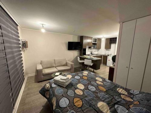 サンティアゴにあるDepto/2p/Business Trip/Equipado.のベッドルーム1室(ベッド1台付)、リビングルームが備わります。
