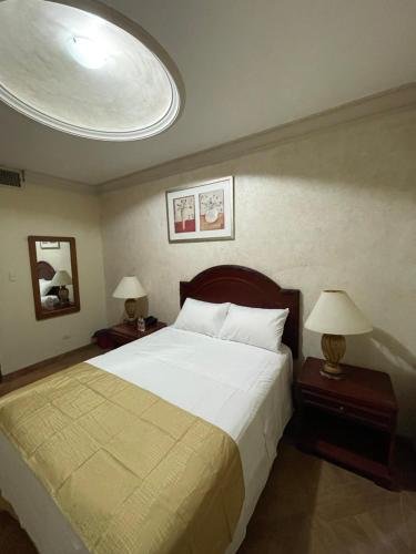 a bedroom with a large bed and two tables with lamps at Hotel Plaza Express in Torreón