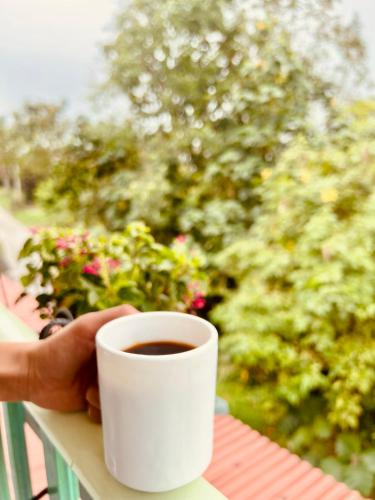 a person holding a cup of coffee on a balcony at La Casa de colour Filandia, Quindio in Filandia