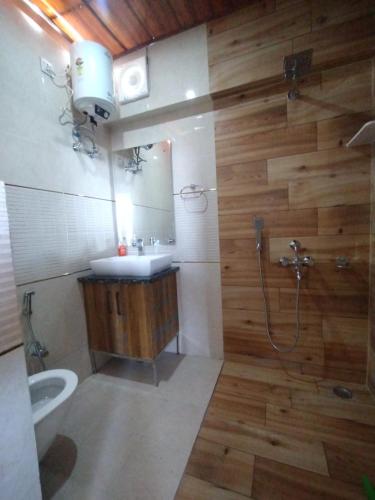W łazience znajduje się umywalka, toaleta i lustro. w obiekcie Ivy cottage Crown w mieście Dehradun