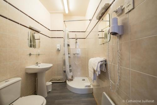 La salle de bains est pourvue de toilettes, d'un lavabo et d'une douche. dans l'établissement Hotel Phoebus, à La Tremblade