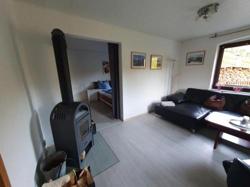 a living room with a couch and a fireplace at Fewo-hierundjetzt Lichtenhain bei Sebnitz am Malerweg in Lichtenhain