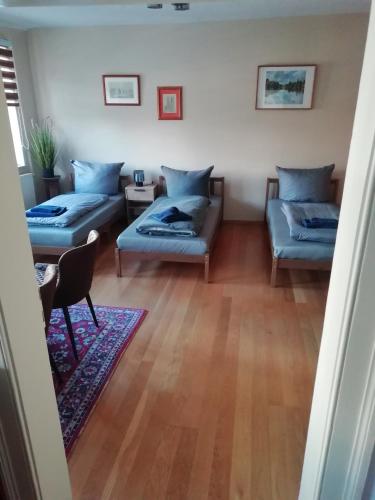 a living room with two beds and a couch at Ferienwohnungen am Jenaer Markt, Mitten im Zentrum, für bis zu 5 und 6 Personen in Jena