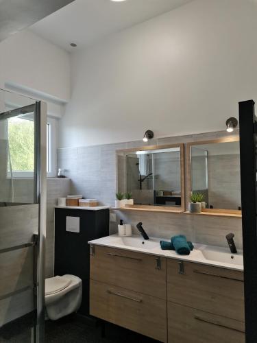 La salle de bains est pourvue de toilettes, d'un lavabo et d'un miroir. dans l'établissement Les Cerisiers du Rouz, à Fouesnant