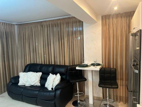 a living room with a black couch and a table at Luxury Copou Apartments in Iaşi
