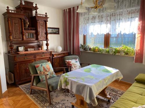 een woonkamer met een tafel en stoelen en een raam bij Ruhe und Bequemlichkeit in Frauendorf