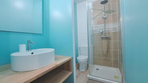 a bathroom with a sink and a glass shower at Gite étape pour amoureux du vélo Azay centre 12p. in Azay-le-Rideau