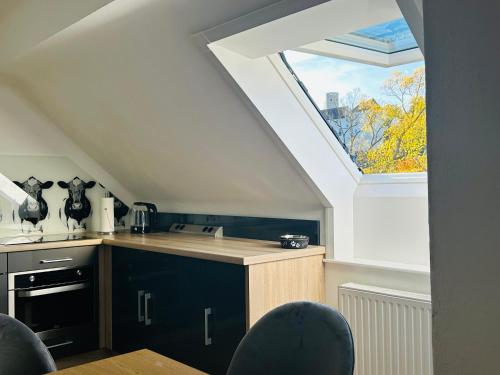 an attic kitchen with a skylight and a counter at Apartment mit Blick aufs Schloss 