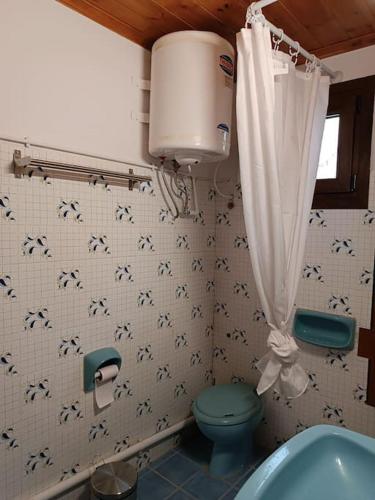 een badkamer met een blauw toilet en een wastafel bij Mary's Traditional home in Aigáni