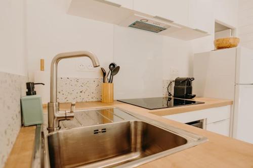 eine Küche mit einer Edelstahlspüle in der Küche in der Unterkunft Sous le Saule, entre lac et océan in Naujac-sur-Mer