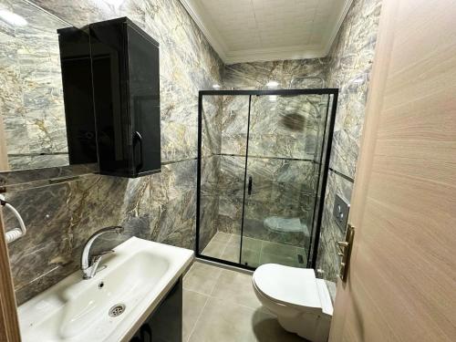 a bathroom with a shower and a sink and a toilet at Sisli House By Remar Holding in Istanbul