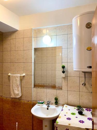 uma casa de banho com um lavatório e um espelho em Tony's Downtown vintage apartment em Skopje