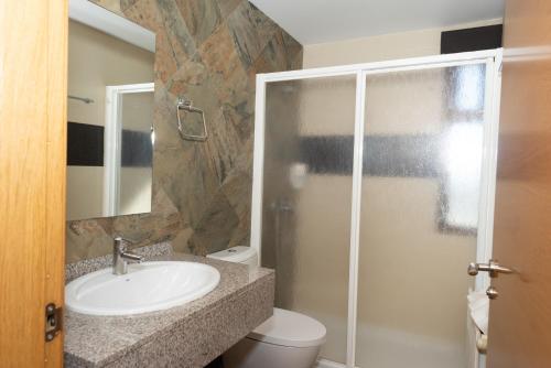 La salle de bains est pourvue d'un lavabo, de toilettes et d'une douche. dans l'établissement Hostal Venta de Valcorba, à Soria