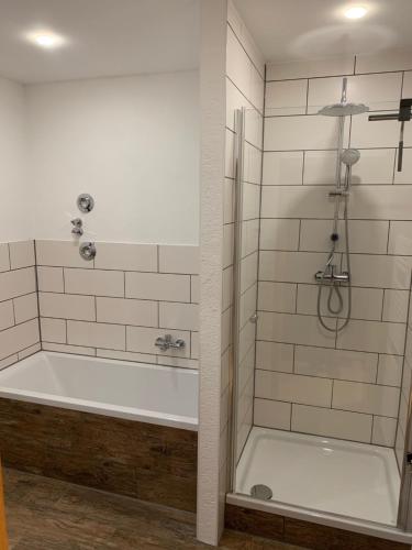 a bathroom with a bath tub and a shower at Eisenbahn in Rheinmunster