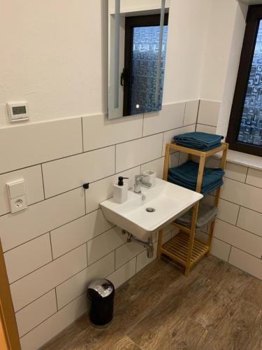ein Bad mit einem Waschbecken und einem Spiegel in der Unterkunft Eisenbahn in Rheinmunster