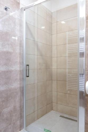 a shower with a glass door in a bathroom at Lake View Terrace Apartment in Kastoria