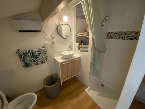 a bathroom with a sink and a toilet and a mirror at Le petit Cerf-Volant in Calvisson
