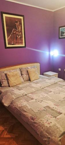 a bedroom with a large bed with a purple wall at Apartman Žile in Bačka Palanka