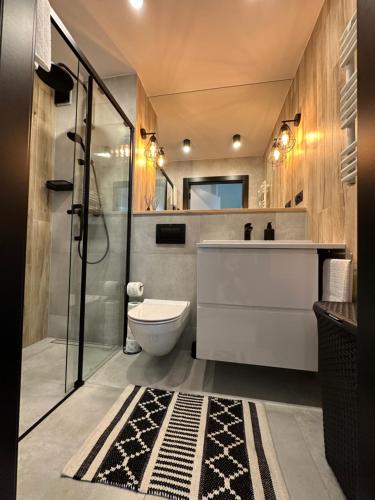 uma casa de banho com um chuveiro, um WC e um lavatório. em Villa Neptun Gdańsk 5 1 9 1 0 2 1 3 0 em Gdańsk