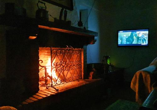 a living room with a fireplace with a tv at Montañon Negro "casa MariaLuisa" in Agua de Fontanales