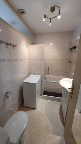 La salle de bains est pourvue de toilettes, d'un lavabo et d'une baignoire. dans l'établissement Le Lamartine hyper centre Aix les Bains avec parking et climatisation, à Aix-les-Bains