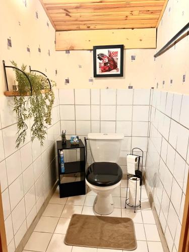 La salle de bains est pourvue de toilettes et d'un siège noir. dans l'établissement L'échappée Huroise, piscine et spa privatifs, à Hure