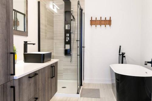 uma casa de banho com uma banheira, um lavatório e um chuveiro em ST-DO du LAC em Saint-Donat-de-Montcalm