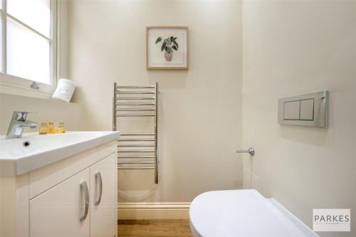 La salle de bains blanche est pourvue de toilettes et d'un lavabo. dans l'établissement Shepherd Street, Mayfair, à Londres