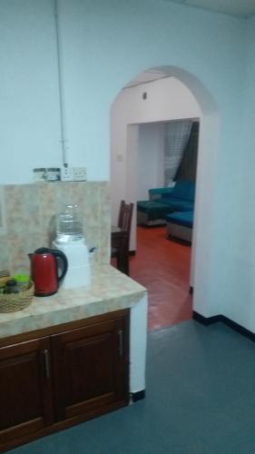 eine Küche mit einer Arbeitsplatte und einem Kühlschrank in der Unterkunft Rock house kurunegala in Kurunegala