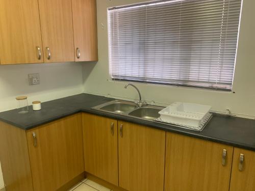 un comptoir de cuisine avec un évier et une fenêtre dans l'établissement Pioneerspark Self Catering, à Windhoek