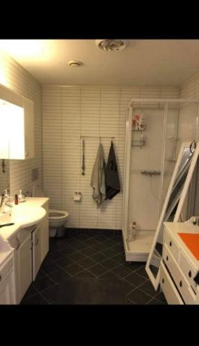 a bathroom with a shower and a sink and a toilet at Rom sentralt i Tromsø in Tromsø