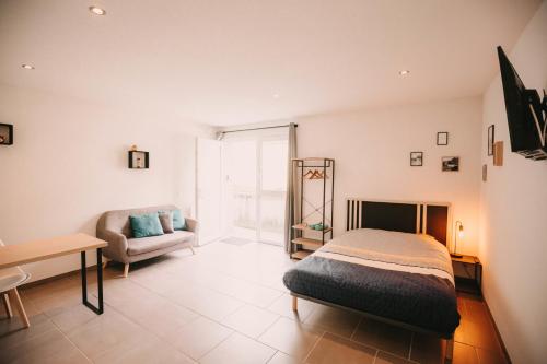 um quarto com uma cama, um sofá e uma mesa em Franc-Bisontin - Unique ! 4 logements disponibles em Besançon