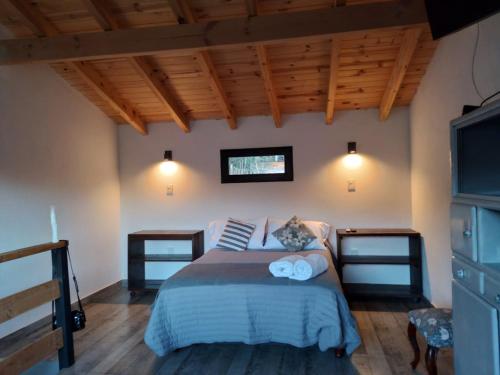 1 dormitorio con 1 cama con 2 toallas en SUOMI en Villa Pehuenia