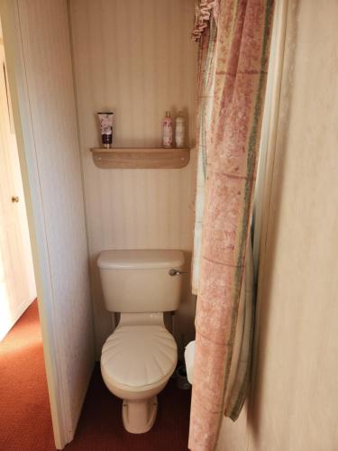a small bathroom with a toilet and a curtain at The promenade, nr to fantasy island minimum 3 nights stay in Ingoldmells
