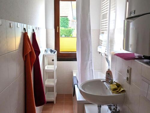 a white bathroom with a sink and a window at Beautiful holiday apartment in Stolpe in Stolpen