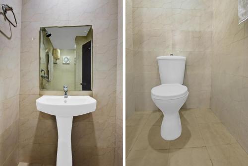 Duas fotografias de uma casa de banho com WC e lavatório. em 29 Beach House Goa em Morjim