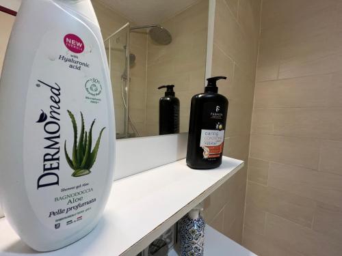 - une salle de bains avec une bouteille de savon sur une étagère dans l'établissement Charmant studio à proximité du Vieux-Port, à Marseille