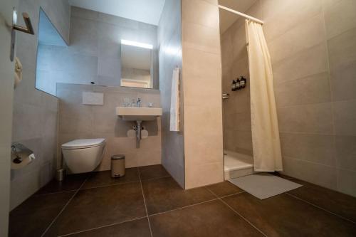 y baño con ducha, aseo y lavamanos. en theCorner 2-Bedroom Apartment, en Schwändi