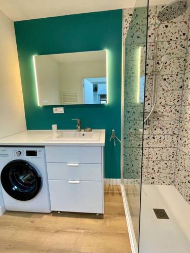 une salle de bain avec une machine à laver et un lavabo dans l'établissement La Mais'Annette, Charme et calme à 5 km du Touquet, à Étaples