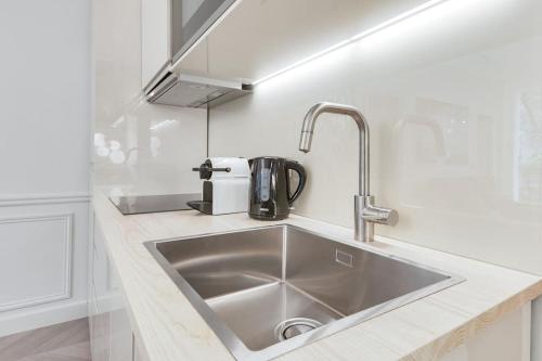 une cuisine avec un évier en acier inoxydable dans l'établissement Bright and Gorgeous flat in the heart of Paris, à Paris
