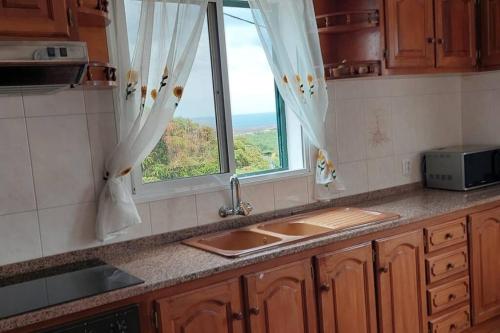 a kitchen counter with a sink and a window at Sol e Mar by the airport in Santa Cruz