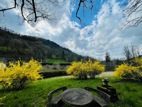 a table and two chairs in a field with a river at Domaine Du Moulin Vallée Heureuse in Poligny