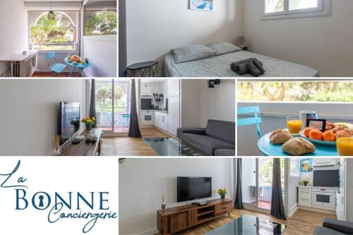 un collage de fotos de un dormitorio y una sala de estar en Le Corail * Charmant T2 * Clim Réversible * Ponant * Rénové * Lumineux, en La Grande-Motte