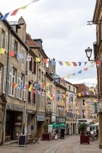 a street with flags and buildings in a city at Appartement au centre-ville avec cour in Langres