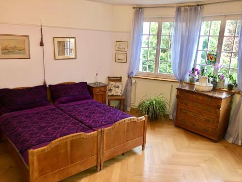 a bedroom with a bed and a dresser and windows at Bed and Breakfast Wildrose in Bern