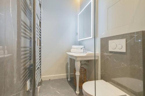 een badkamer met een wastafel, een toilet en een spiegel bij Lovely flat in Central Paris near Notre-Dame in Parijs