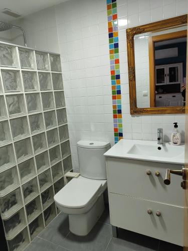 y baño con aseo, lavabo y espejo. en Apartamento Piles Playa, en Piles