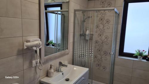 a bathroom with a sink and a shower and a mirror at Apartament David in Râmnicu Vâlcea